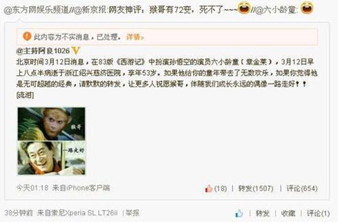 藝術家六小齡童被去世,微博轉發(fā)笑臉辟謠現(xiàn)身澄清公布造謠者QQ