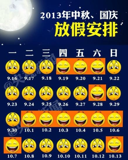 2013國慶放假安排，2013年十一放假安排，2013年國慶節放假安排