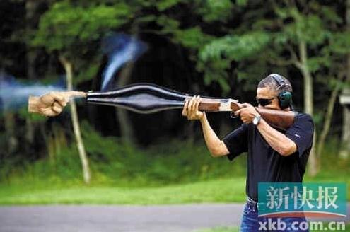 惡搞奧巴馬：美國網友“神PS”惡搞奧巴馬持槍射擊圖片