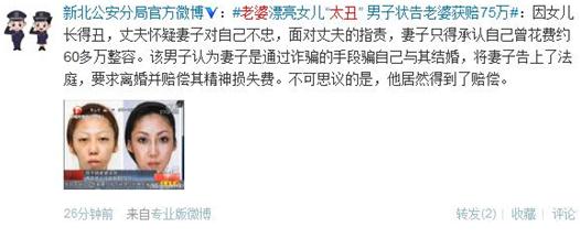 【老婆太丑】老婆漂亮女兒太丑，男子告整容老婆獲賠75萬，是整容醫(yī)院炒作嗎